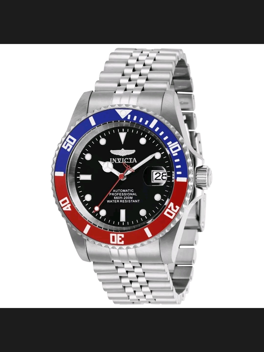 Invicta Stainless Steel Diver Watch Black Dial Red  Blue Bezel 40mm Automatic